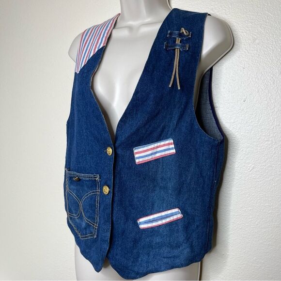 Vintage Handmade Blue Denim Western Two Button Vest Stripe Contrast Women Medium - Picture 3 of 12